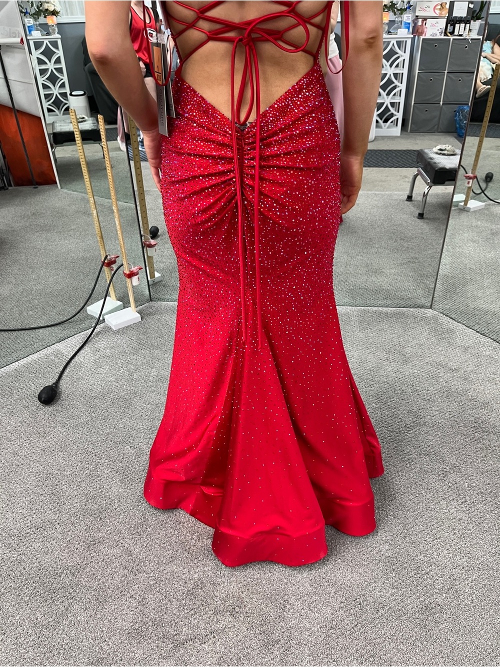 Red Embellished Open-Back Evening Gown